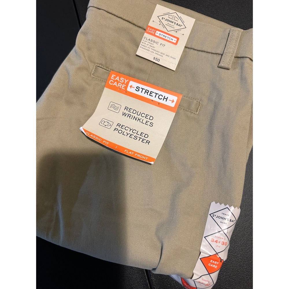 St. Johns Bay Mens Easy Care Stretch Chino Pants 34x30 British Khaki Classic Fit